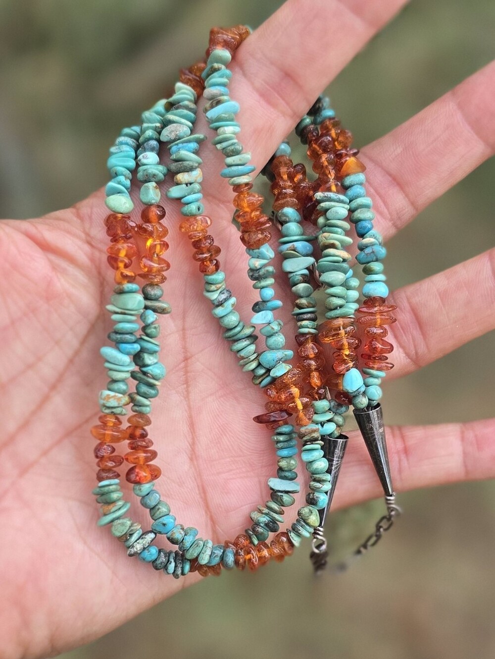 Southwestern double strand turquoise and amber 925 sterling silver necklace